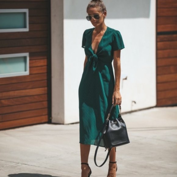 Hunter Green Connect The Dots Tie Midi Dress - Picture 1 of 3